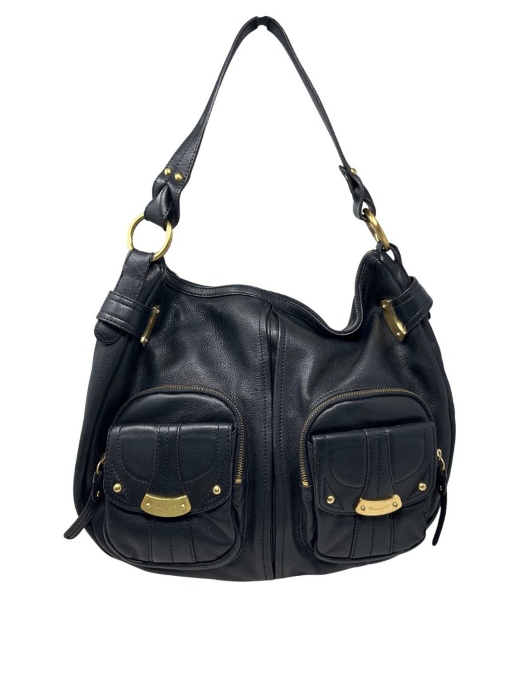 B. Makowsky Black Leather Shoulder Bag With Gold Hardware & Leopard Print Lining